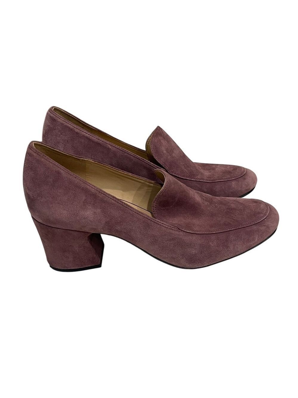 Naturalizer Dany Suede Heeled Loafer Block Heel SZ 9 WIDE Light Wine